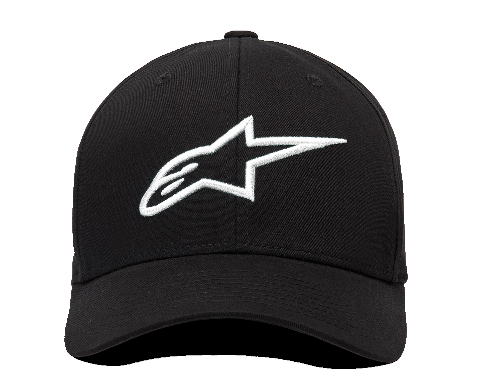 Casquette Alpinestars Ageless Curve, vue de face, tissu sergé noir avec logo Alpinestars blanc brodé en 3D, casquette de baseball à visière courbée, style sportswear décontracté