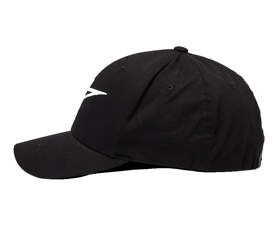 Casquette Alpinestars Ageless Curve, casquette de baseball à visière courbée, noire avec logo brodé en 3D blanc, vue de profil latérale, tissu en sergé, style sportswear décontracté