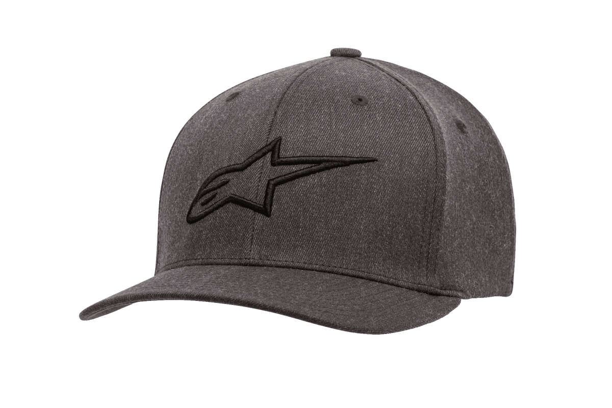 Alpinestars Ageless Curve Pet, antracietgrijs gemêleerde baseballcap met zwart 3D-geborduurd logo, gebogen klep, gestructureerde keperstof met ventilatieopeningen, casual motorsport-hoofddeksel