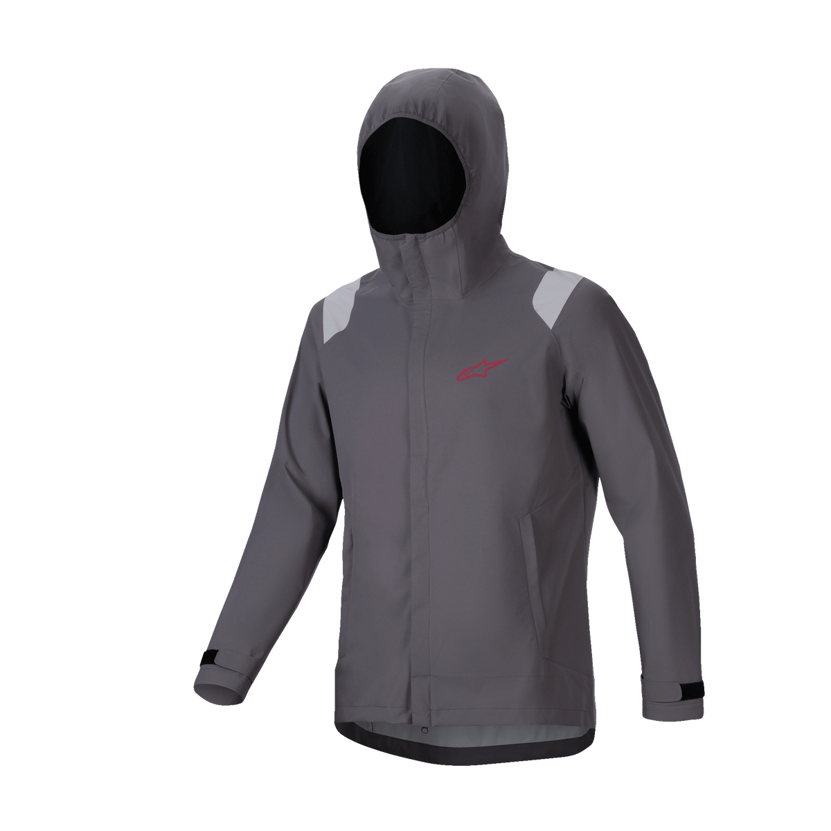 Alpinestars A-Dura Regenjas, mountainbike regenjas, Dark Titanium grijs, ontwerp met capuchon en rood sterlogo, lichtgrijze schouderdetails, verstelbare klittenband manchetten, technische waterdichte performance kleding voor MTB