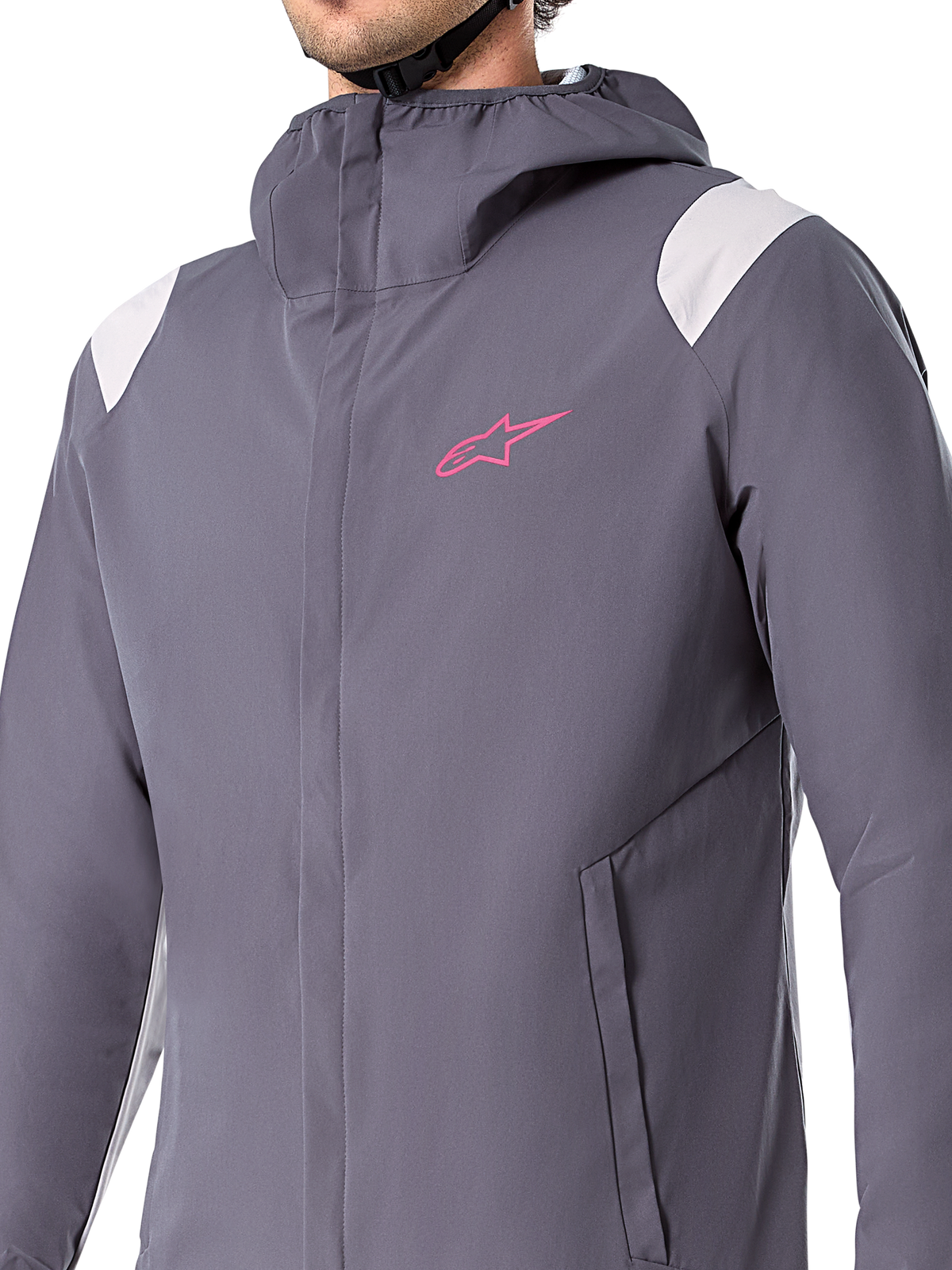 Alpinestars A-Dura Rain Jacket, mountainbike regenjas, Dark Titanium grijs met witte schouderaccenten en roze logo op de borst, ontwerp met capuchon, lange mouwen, hoogwaardige bescherming tegen weersinvloeden voor off-road fietsen