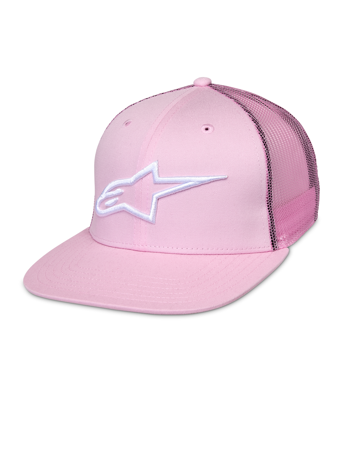 Alpinestars Corp Trucker Cap, pinkfarbene Snapback-Kappe mit weißem Stern-Logo, Mesh-Rückseite, strukturiertes Six-Panel-Design mit Belüftungsösen