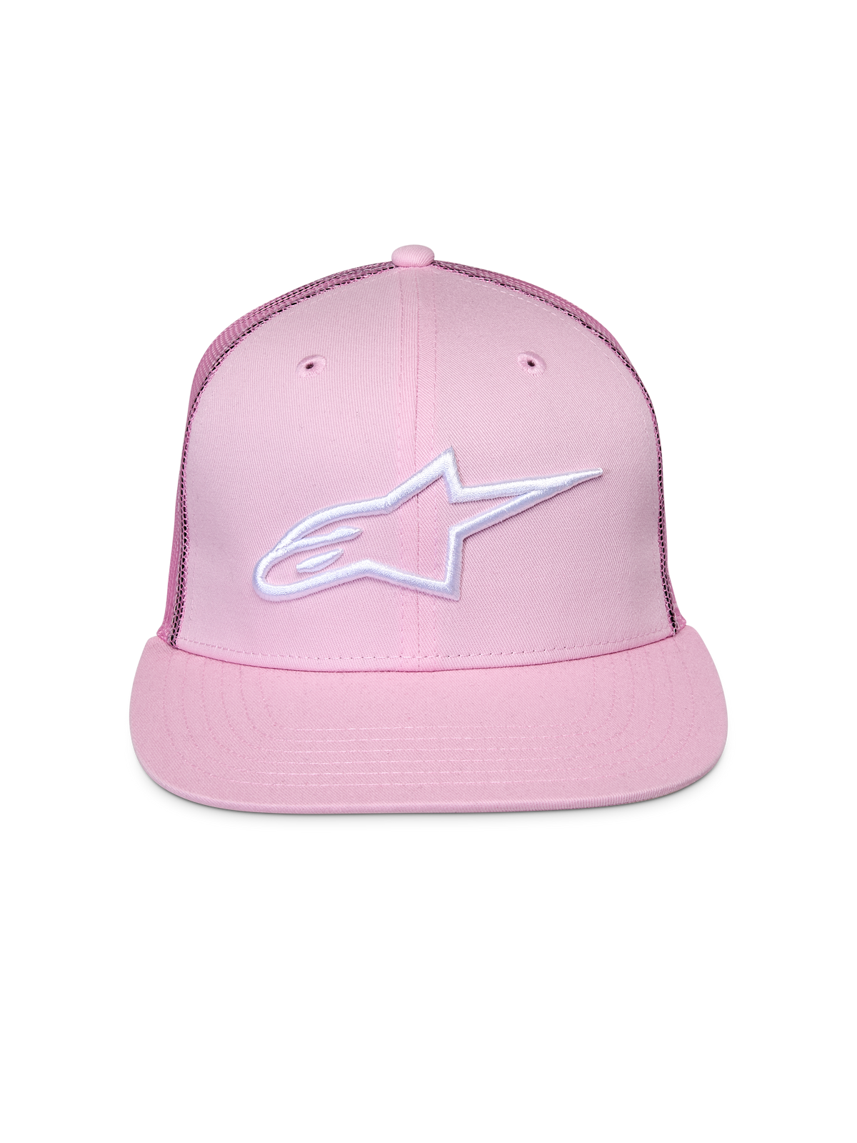 Alpinestars Corp Trucker Cap, Pink, mit weißem gesticktem Logo auf der Vorderseite, flacher Schirm mit strukturierter Krone, Mesh-Einsätze hinten, lässige Motorsport-Kopfbedeckung