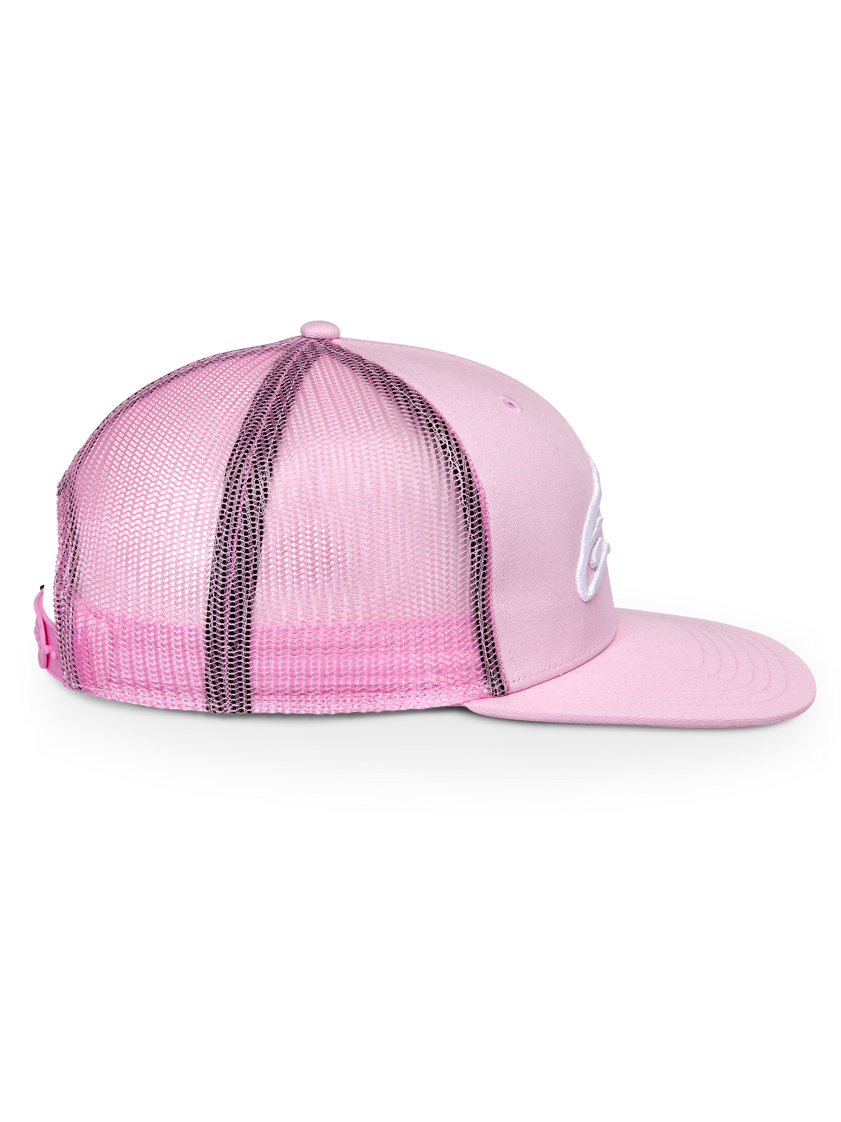 Alpinestars Corp Trucker Cap, Pink, Seitenansicht, strukturierte Krone mit flachem Schirm, Twill-Vorderseite und Mesh-Rückseite, verstellbarer Snapback-Verschluss, lässige Sport-Kopfbedeckung
