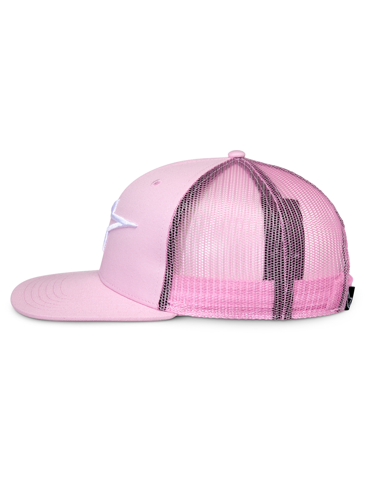 Alpinestars Corp Trucker Cap, Pink, Seitenprofil, flacher Schirm und strukturierte Krone, weißes gesticktes Logo auf der Twill-Vorderseite, pinkfarbene Mesh-Rückseite, verstellbares Snapback-Design, lässige Sportbekleidung