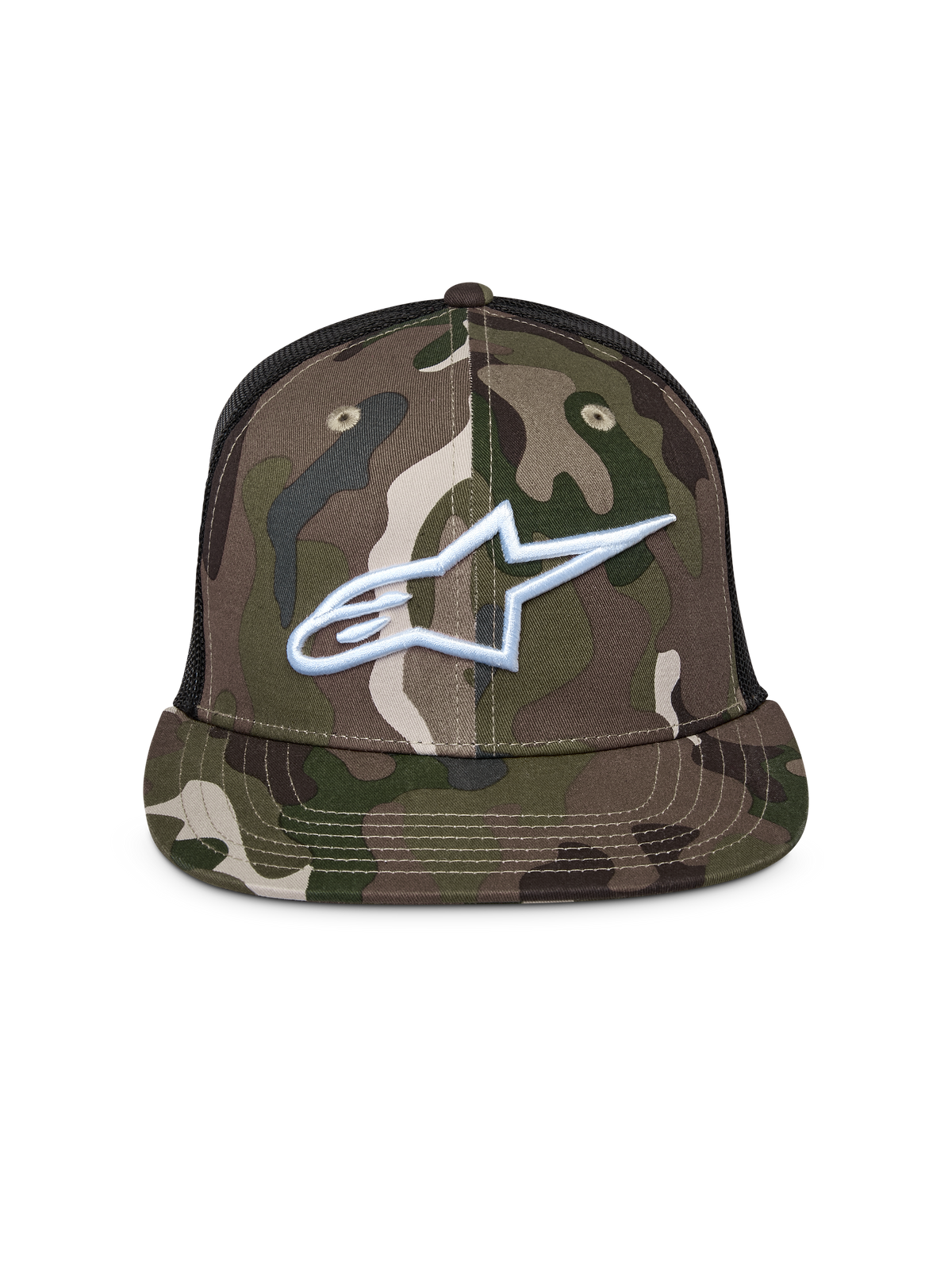 Alpinestars Corp Trucker pet, groene camouflage en zwart, truckerpet met platte klep en mesh achterkant, voorzien van een wit geborduurd Alpinestars-logo op de voorkant, casual motorsport streetwear
