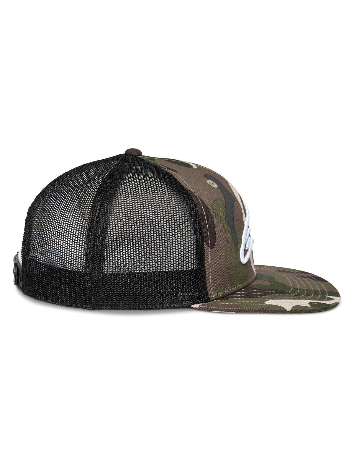 Alpinestars Corp Trucker pet, zijaanzicht, Green Camo en zwart, platte klep met camouflageprint, zwarte mesh achterpanelen, wit geborduurd logo, casual motorsport hoofdbedekking