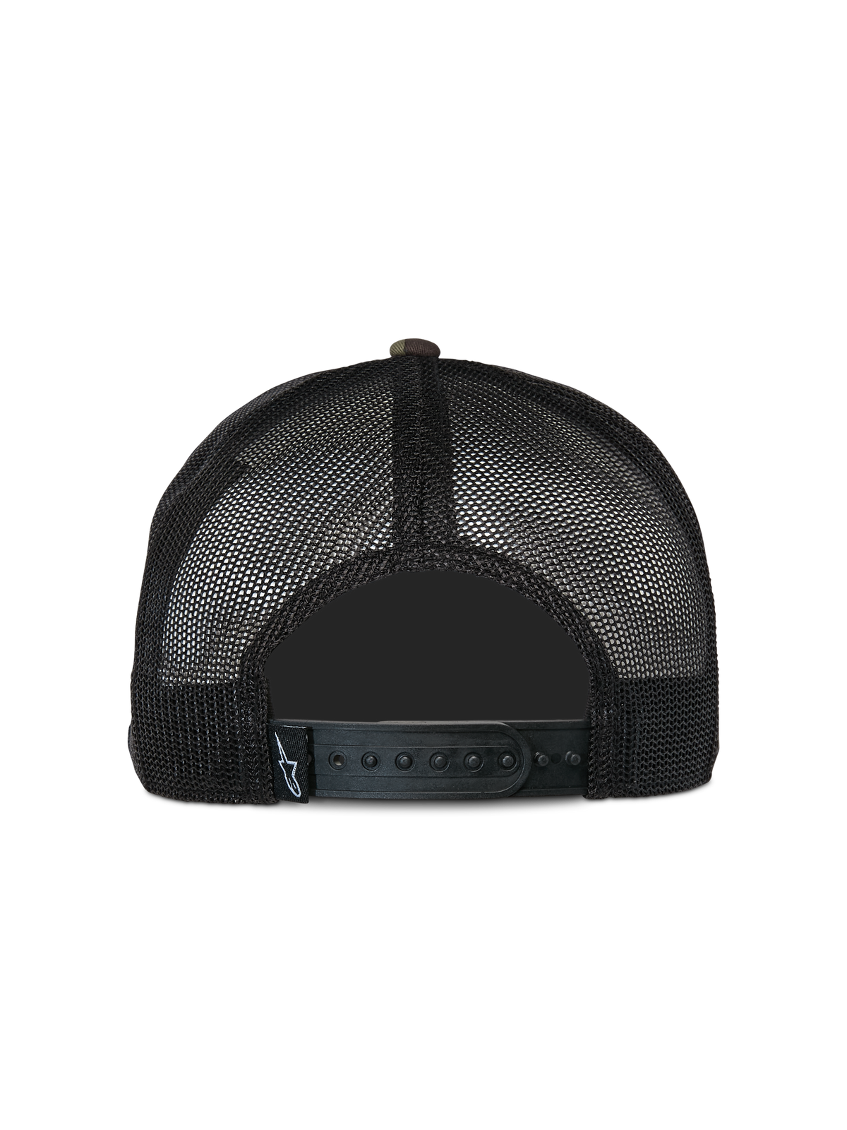 Alpinestars Corp Trucker pet, casual truckerpet, groen camouflage en zwart, achteraanzicht met zwarte mesh achterpanelen en verstelbare snapback-sluiting, klein geweven logo-label, klassiek op motorsport geïnspireerd ontwerp