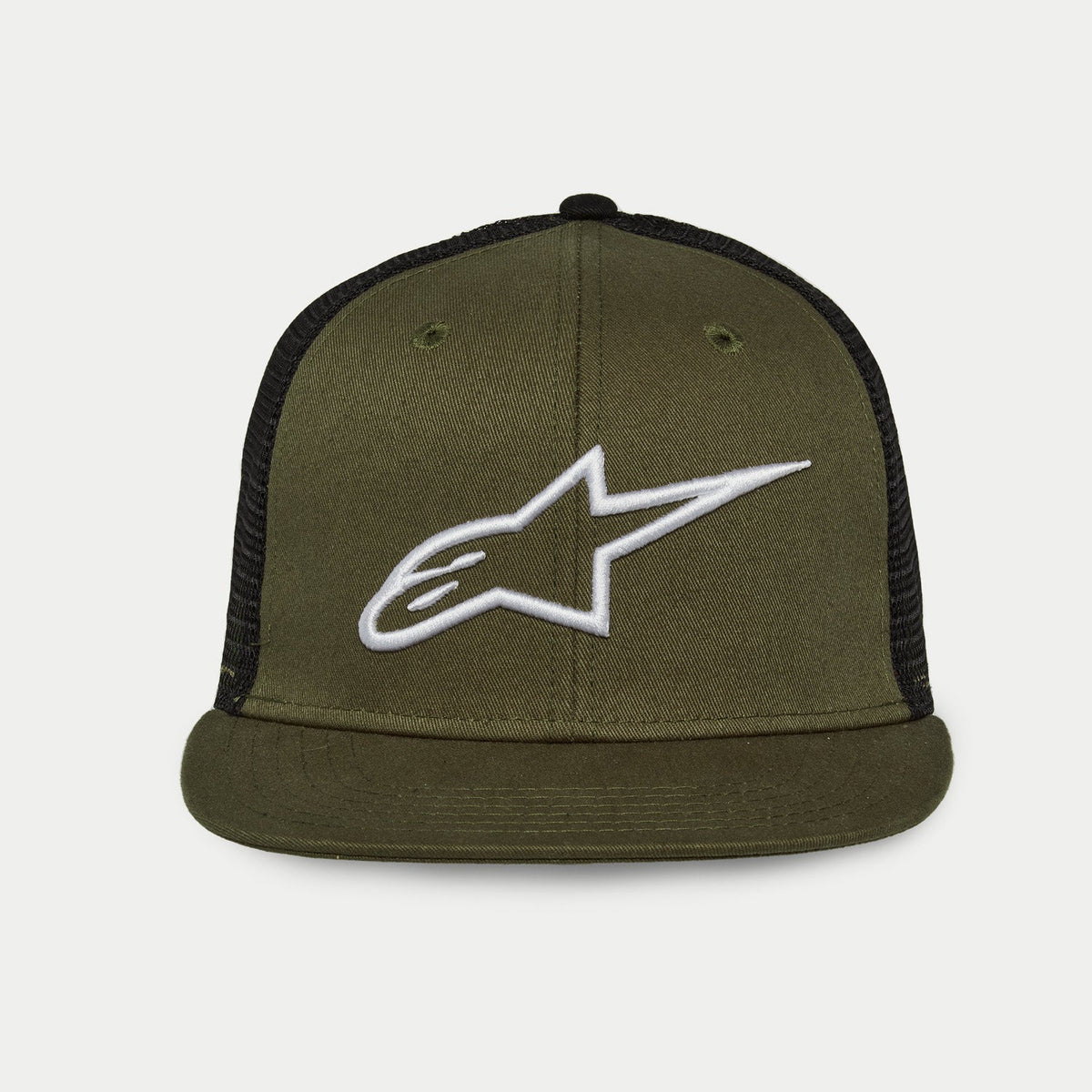 Alpinestars Corp Trucker Hat, Flat Bill Trucker Cap, Military Green Front and Bill with Black Mesh Back, White 3D Embroidered A-star Logo, Structured Crown, Casual Motorsport Headwear