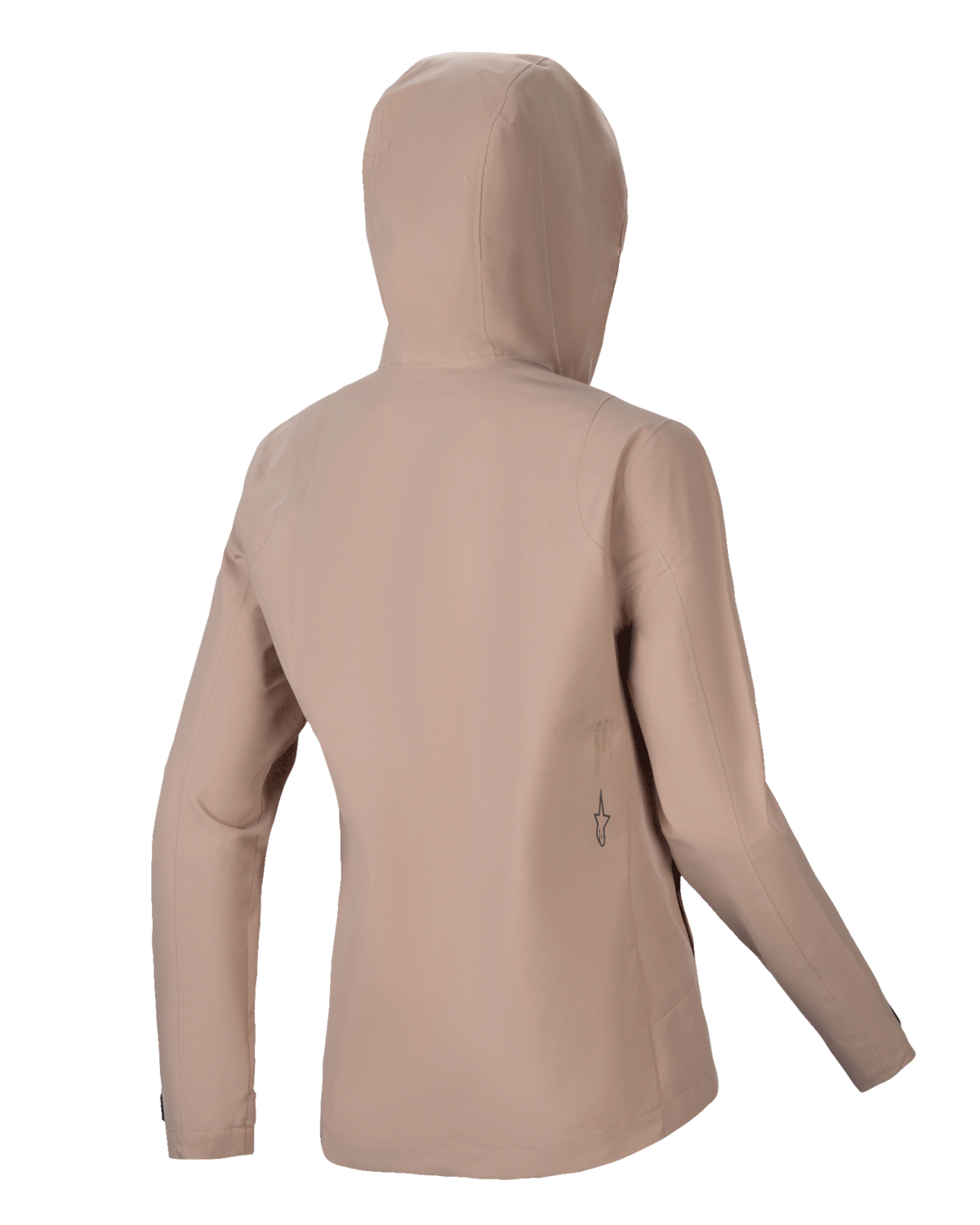 Alpinestars Stella A-Dura regenjas, dames regenjas voor MTB, lichtbruin, achteraanzicht met de capuchon en een strak silhouet, subtiel zwart logodetail op de onderrug, waterdichte 2,5-laags technische constructie voor MTB