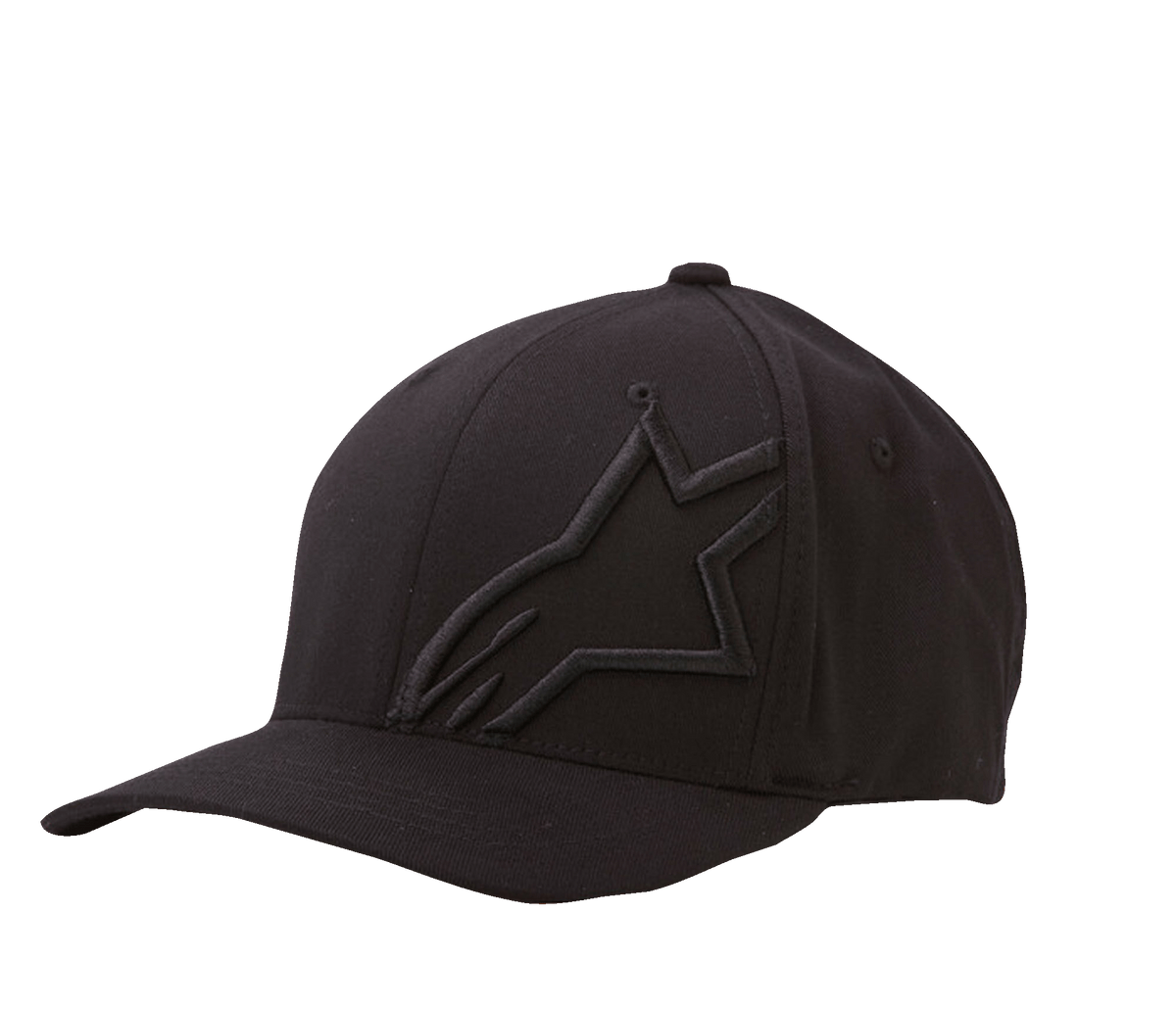 Alpinestars Corp Shift 2 Curved Bill Hat, schwarze Baseball-Cap, flache Ton-in-Ton-Stickerei auf der linken Vorderseite, gebogener Schirm, Sechs-Panel-Konstruktion mit Belüftungsösen, motorsport-inspirierter Freizeitstil