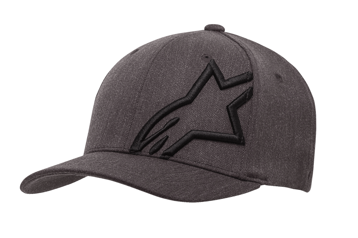 Alpinestars Corp Shift 2 Curved Bill Hat, casquette gris chiné foncé et noir, avec un grand logo étoile noir brodé sur le panneau avant gauche, visière courbée, tissu texturé avec œillets de ventilation, couvre-chef décontracté inspiré du sport automobile.