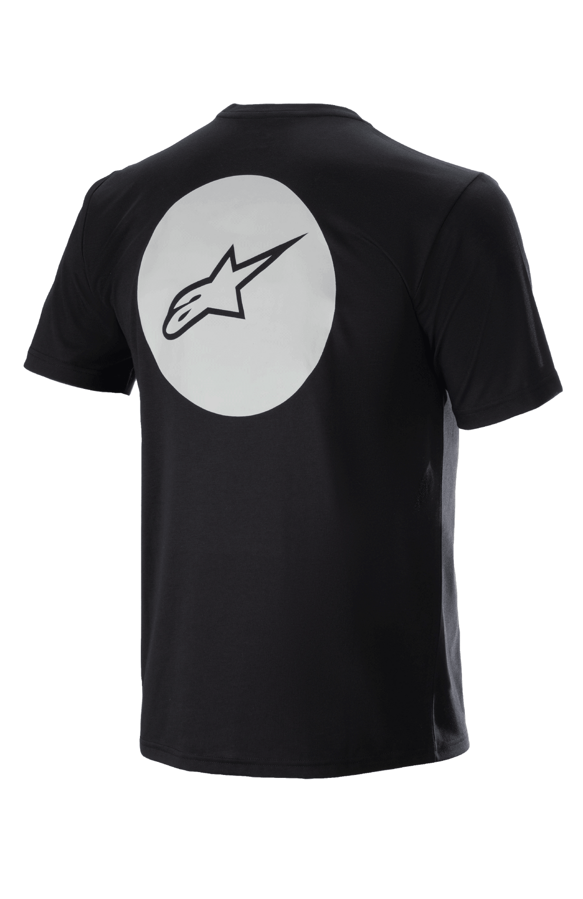 Alpinestars Dot Tech Tee, fietsshirt met korte mouwen, zwart, achteraanzicht met grote witte cirkel en zwart A-star-logo, DriRelease vochtafvoerende stof voor mountainbiken