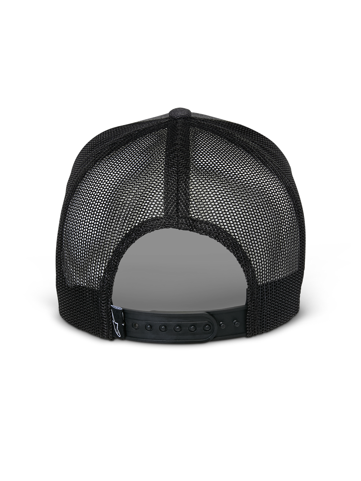 Casquette Snapback Flag Alpinestars, vue arrière, Gris Anthracite Chiné Noir, avec panneaux en maille noire respirante et fermeture snapback réglable, couvre-chef décontracté inspiré du sport automobile