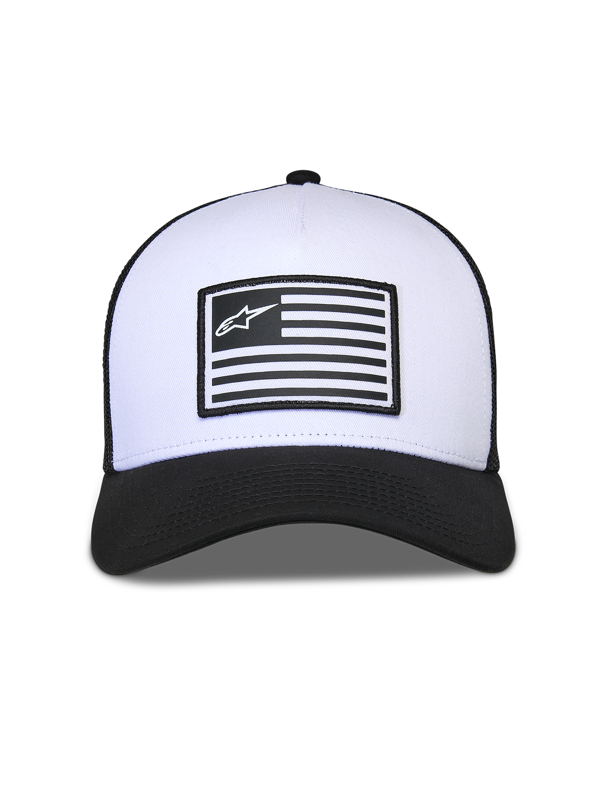 Alpinestars Flag Snapback Hat, White and Black, structured white crown with black curved bill and mesh back, features a central flag patch with Alpinestars logo, casual motorsport-inspired headwear