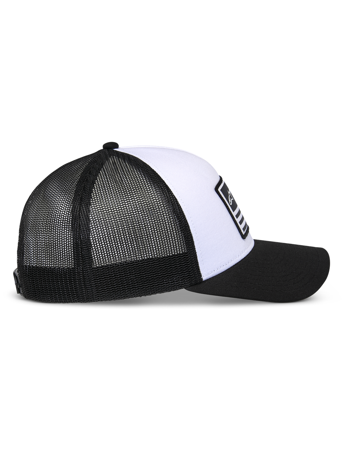 Alpinestars Flag Snapback Hat, White and Black, side profile view, structured white crown with black curved bill, breathable black mesh back panels, casual motorsport-inspired headwear