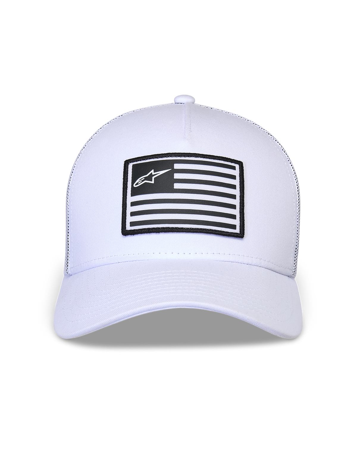Alpinestars Flag Snapback pet, wit, gestructureerde kroon met gebogen klep, rechthoekige zwart-witte patch op de voorkant met Alpinestars-logo, casual hoofdbedekking geïnspireerd op de motorsport