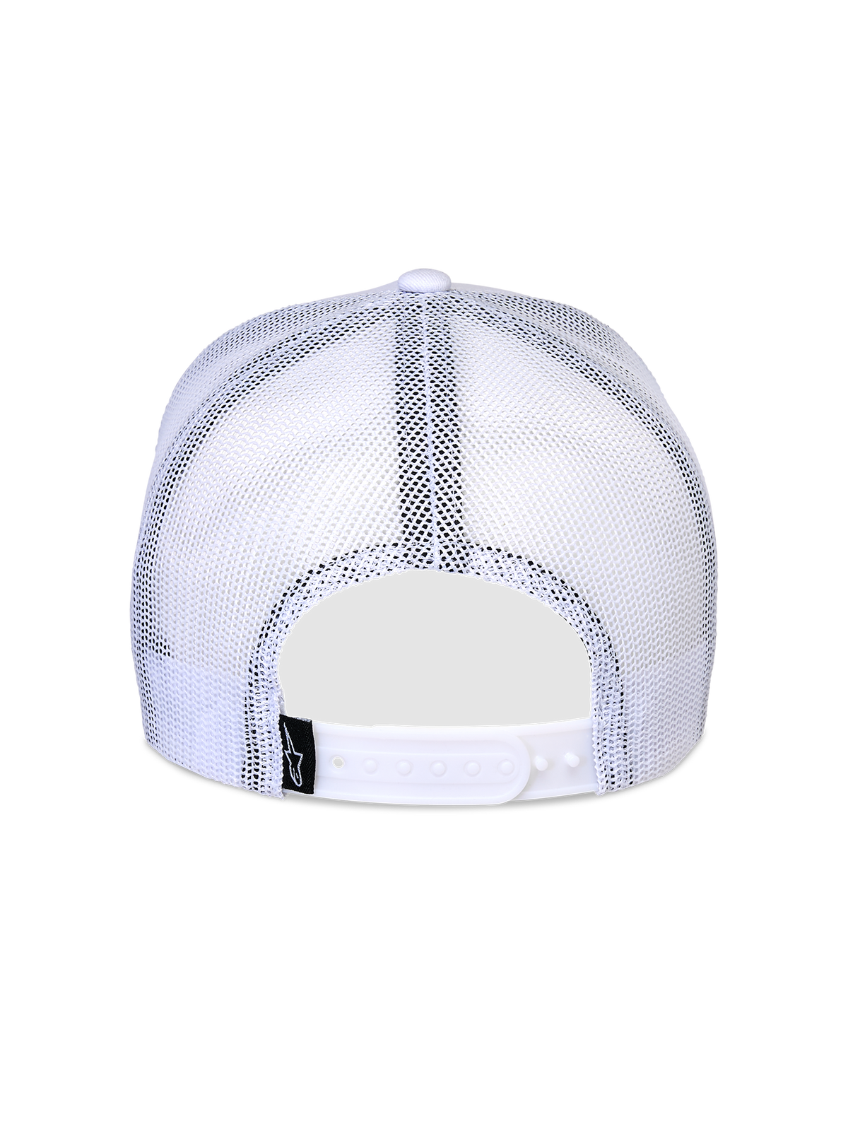 Alpinestars Flag Snapback pet, wit, achteraanzicht met ademende witte mesh panelen, verstelbare snapback-sluiting en klein zwart logo-label, klassiek truckerpet-ontwerp.