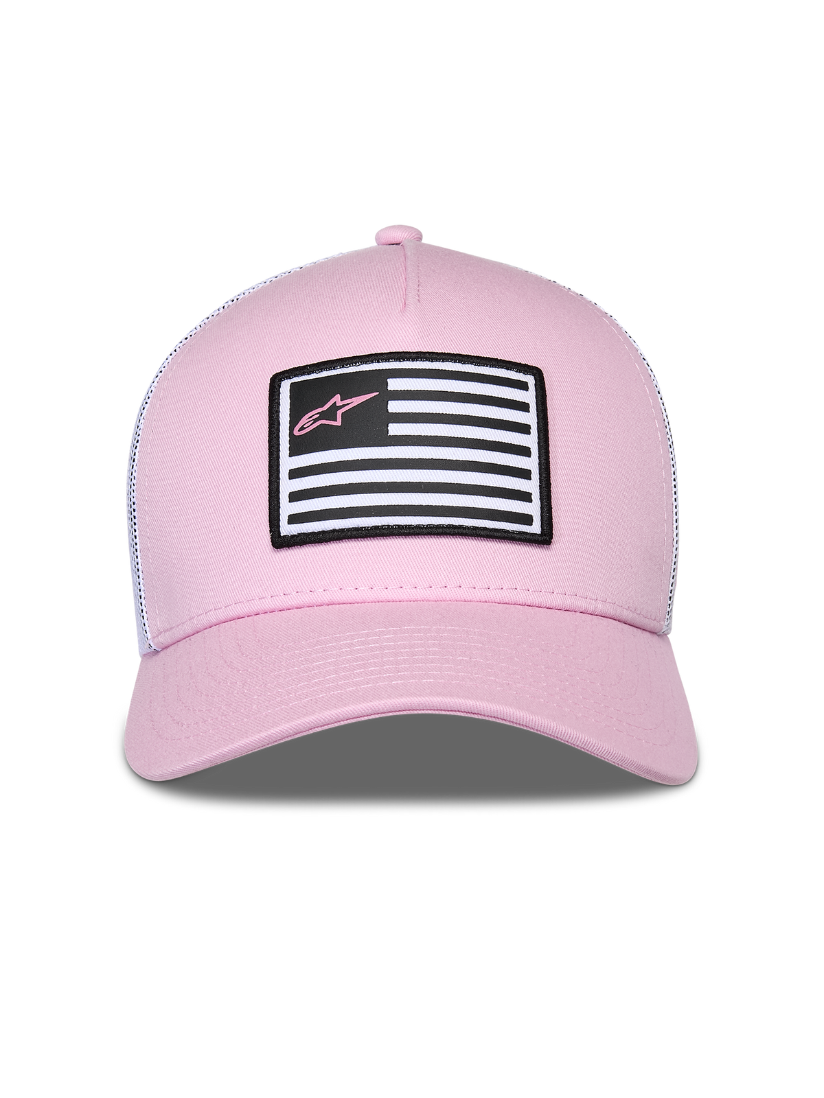 Casquette Snapback Flag Alpinestars, rose et blanche, dotée d'un devant en sergé rose et d'un dos en maille blanche, visière courbée, patch frontal avec motif de drapeau et logo Astars rose, style streetwear motorsport décontracté