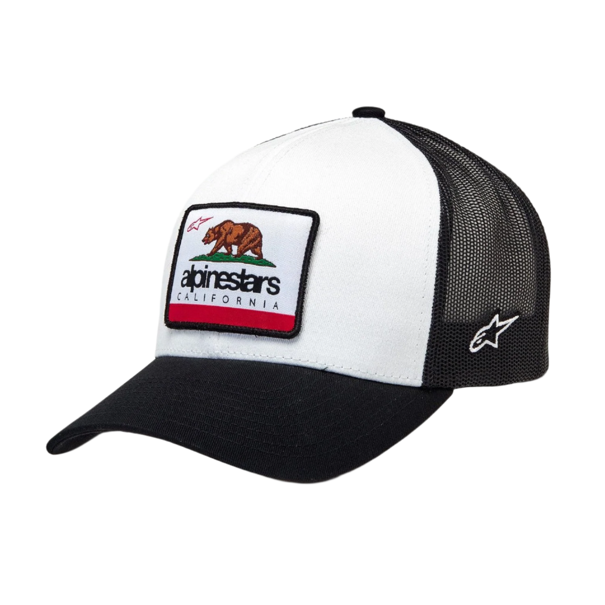 Alpinestars Cali 2.0 Cap, weiß-schwarze Trucker-Cap, gebogener Schirm mit strukturierter Krone, gewebter California-Bär-Patch mit Alpinestars-Branding, schwarze Netzrückseite, lässiger Motorsport-Stil