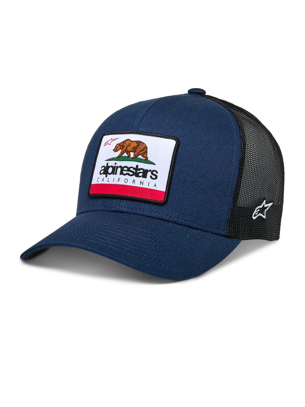 Alpinestars Cali 2.0 Cap, marineblaue und schwarze Trucker-Cap, mit großem California-Bären-Patch und Alpinestars-Logo, gebogener Schirm, atmungsaktive schwarze Mesh-Rückseite, lässige Motorsport-Kopfbedeckung