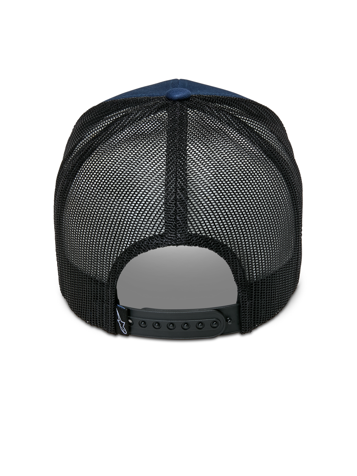 Alpinestars Cali 2.0 Mütze, Marineblau und Schwarz, Rückansicht mit atmungsaktivem Poly-Mesh-Rücken, verstellbarem schwarzem Snapback-Verschluss und kleinem Logo-Etikett, lässiges Trucker-Cap-Design