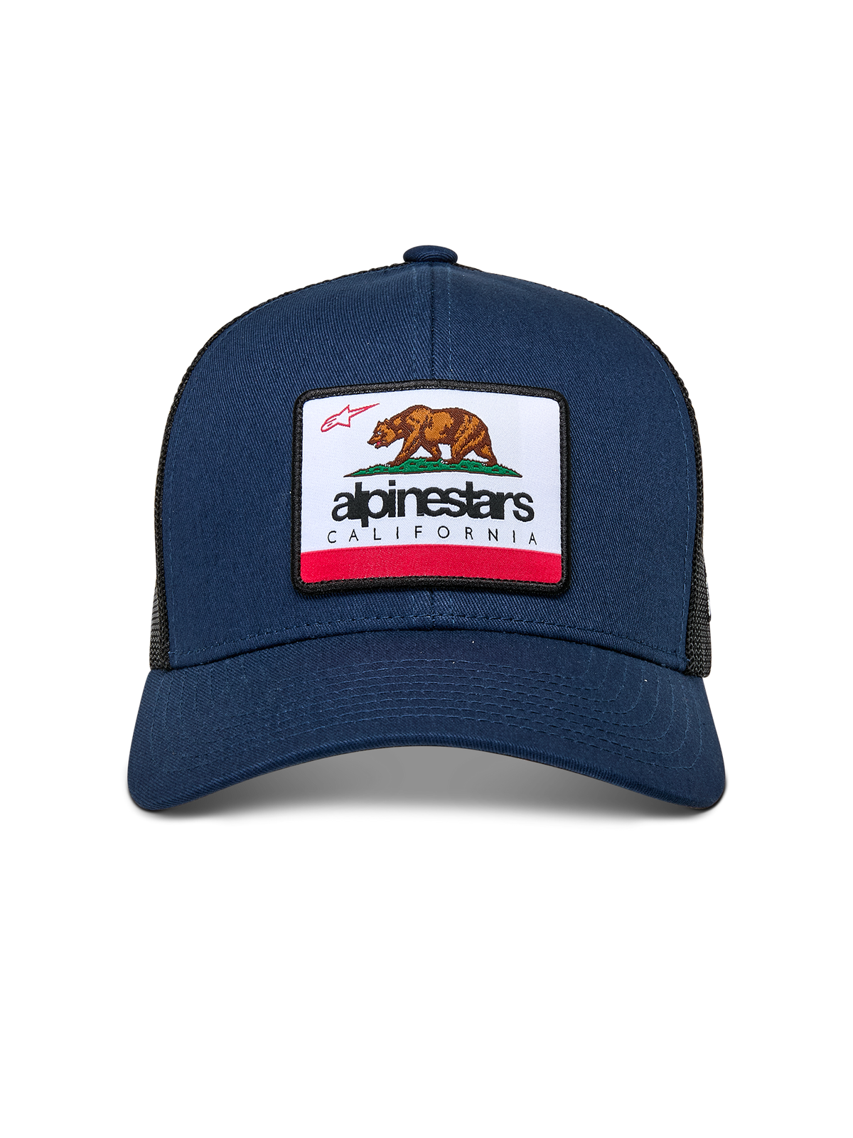 Alpinestars Cali 2.0 Mütze, Navyblau, mit gewebtem Merrow-Patch, Kalifornien-Bär und Alpinestars-Branding, gebogener Schirm, strukturierte Krone mit Poly-Mesh-Rückseite, lässige Motorsport-Streetwear