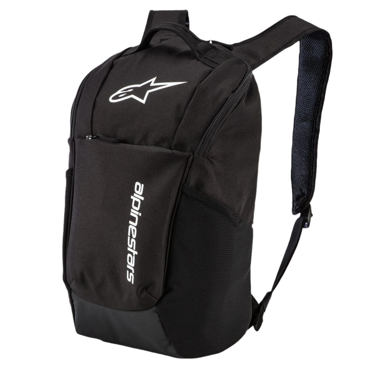 Alpinestars Defcon V2 Rucksack, Schwarz, kleiner Tagesrucksack mit weißem Logodruck und vertikalem Branding, seitliche Netztaschen und Airmesh-Schultergurte, strapazierfähiges Design aus 600D Polyester