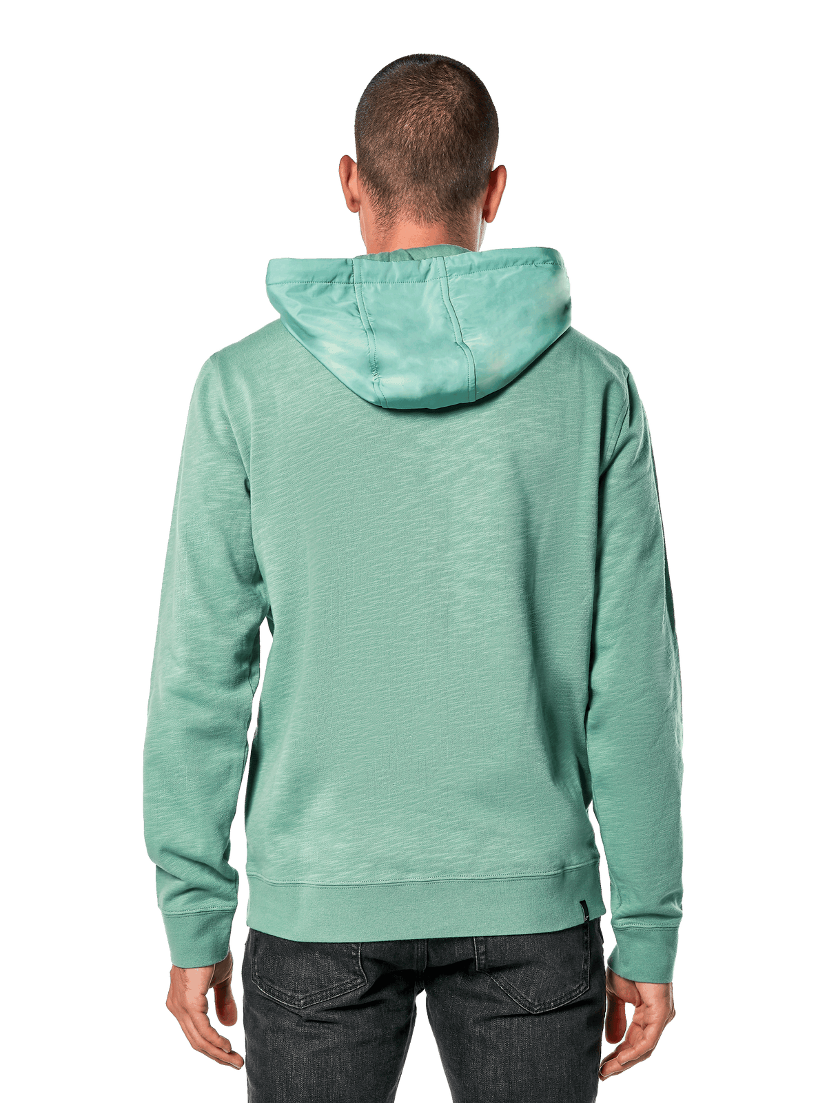Alpinestars Rooted Hoodie, Groen, achteraanzicht van een man die een casual hoodie van slub Franse badstof draagt, voorzien van een overlay-capuchon, ribgebreide manchetten en zoom, modern sportswear-ontwerp