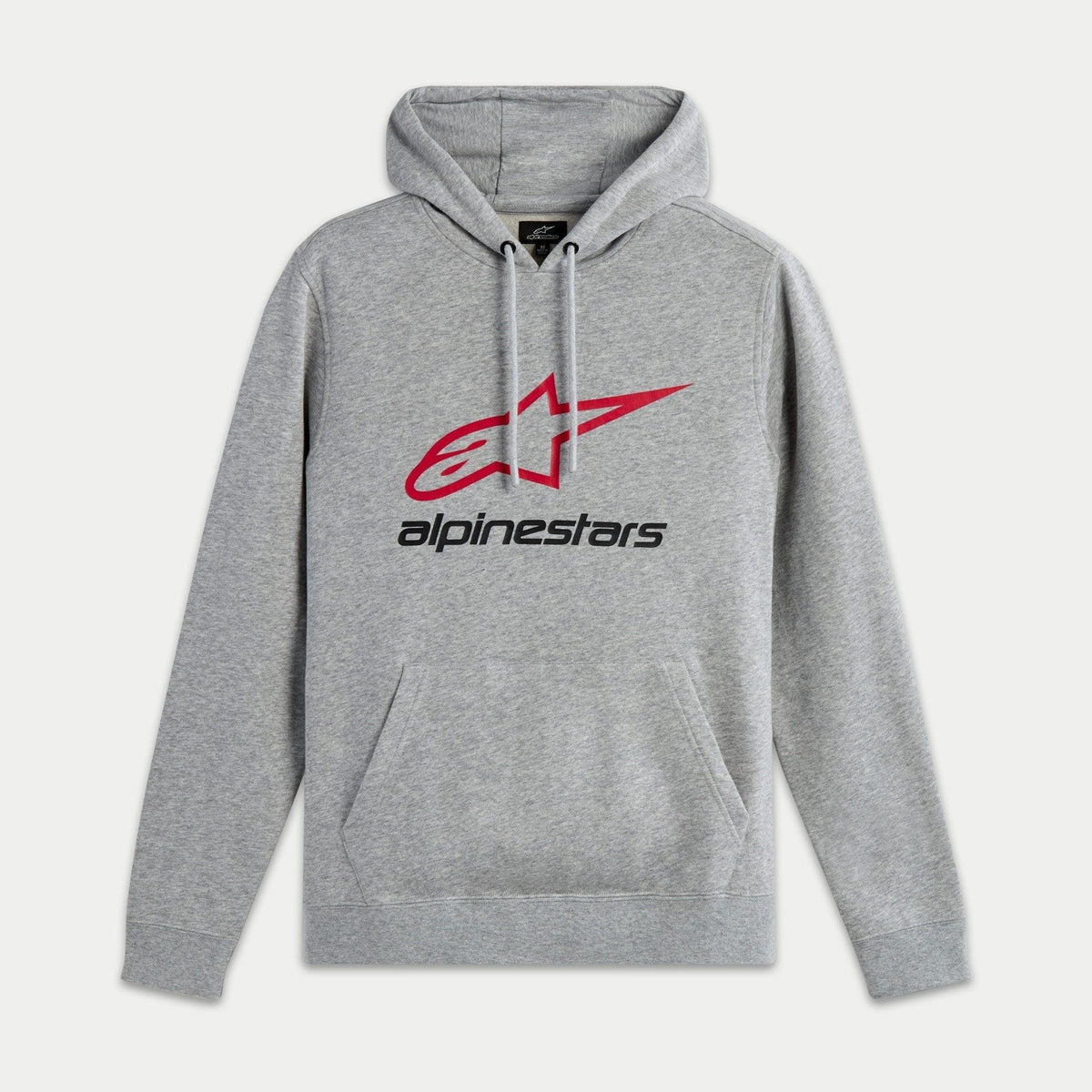 Alpinestars Always V3 Hoodie, pullover fleece in Grey Heather, featuring a red outlined star logo and black Alpinestars text on the chest, drawstring hood, front kangaroo pocket, casual motorsport-inspired streetwear