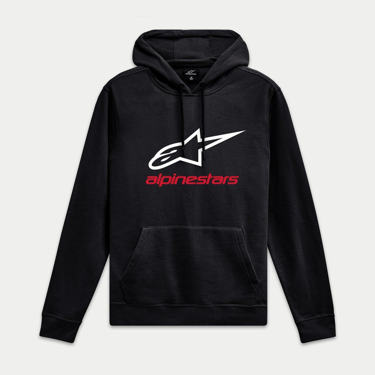 Alpinestars Always V3 Hoodie, zwarte pullover fleece met wit sterlogo en rode branding, casual motorsport streetwear, geribde boorden en zoom