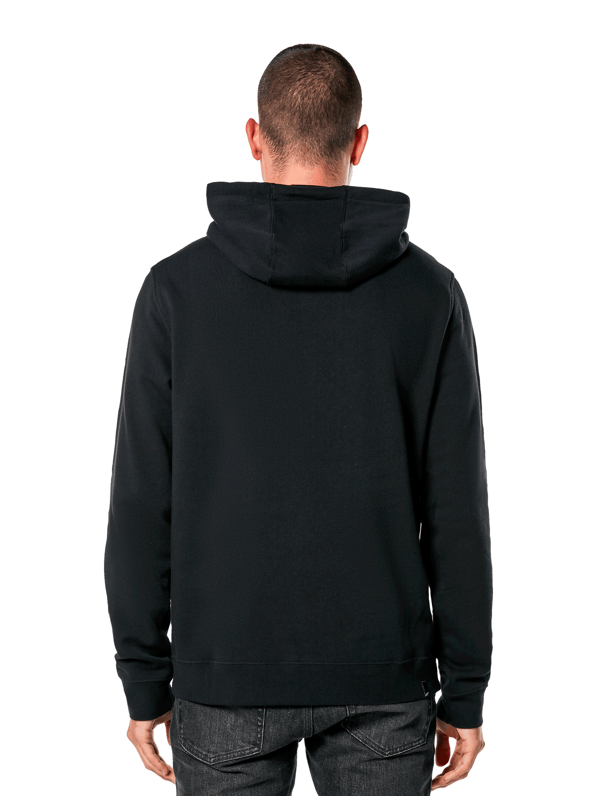 Alpinestars Blaze V3 Hoodie, achteraanzicht van man die zwarte pullover hoodie draagt, ribboorden en zoom, jersey-gevoerde capuchon, casual op motorsport geïnspireerde streetwear