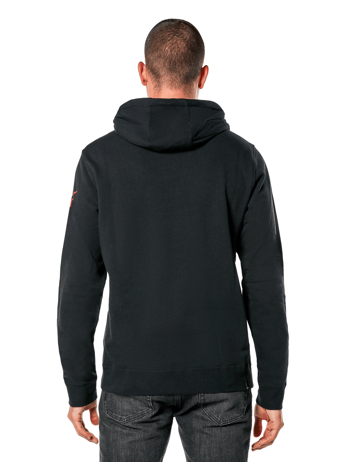 Sweat à capuche Alpinestars Linear Wordmark V3, streetwear décontracté, pull à capuche noir vu de dos, logo rouge sur la manche, poignets et ourlet côtelés, design moderne inspiré du sport automobile