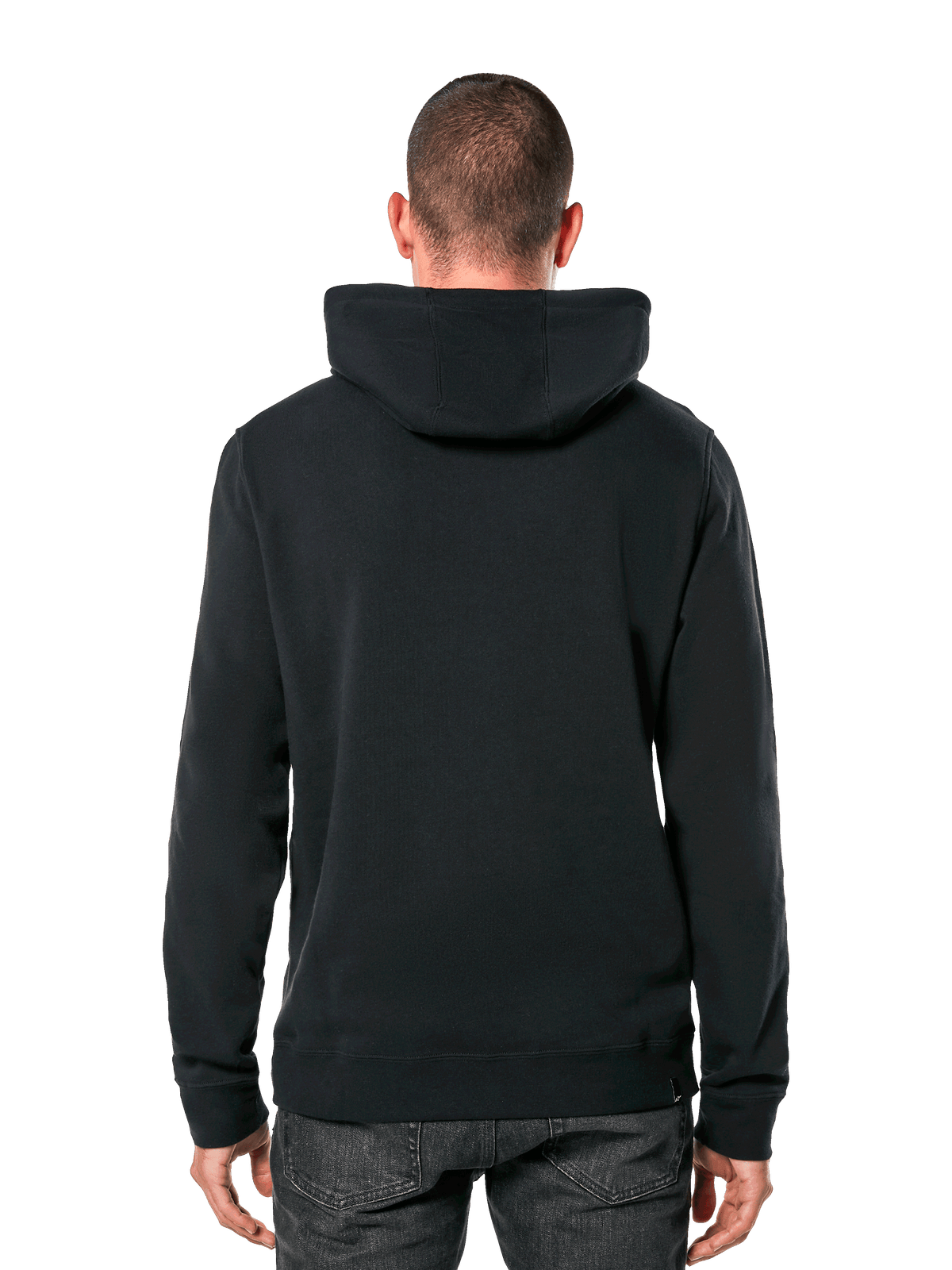 Alpinestars Ride 4.0 Hoodie, Rückansicht, lässige schwarze Streetwear, einfarbiger Kapuzenpullover aus Fleece mit Rippbündchen und Saum, getragen mit dunkler Jeans, modernes, vom Motorsport inspiriertes Design