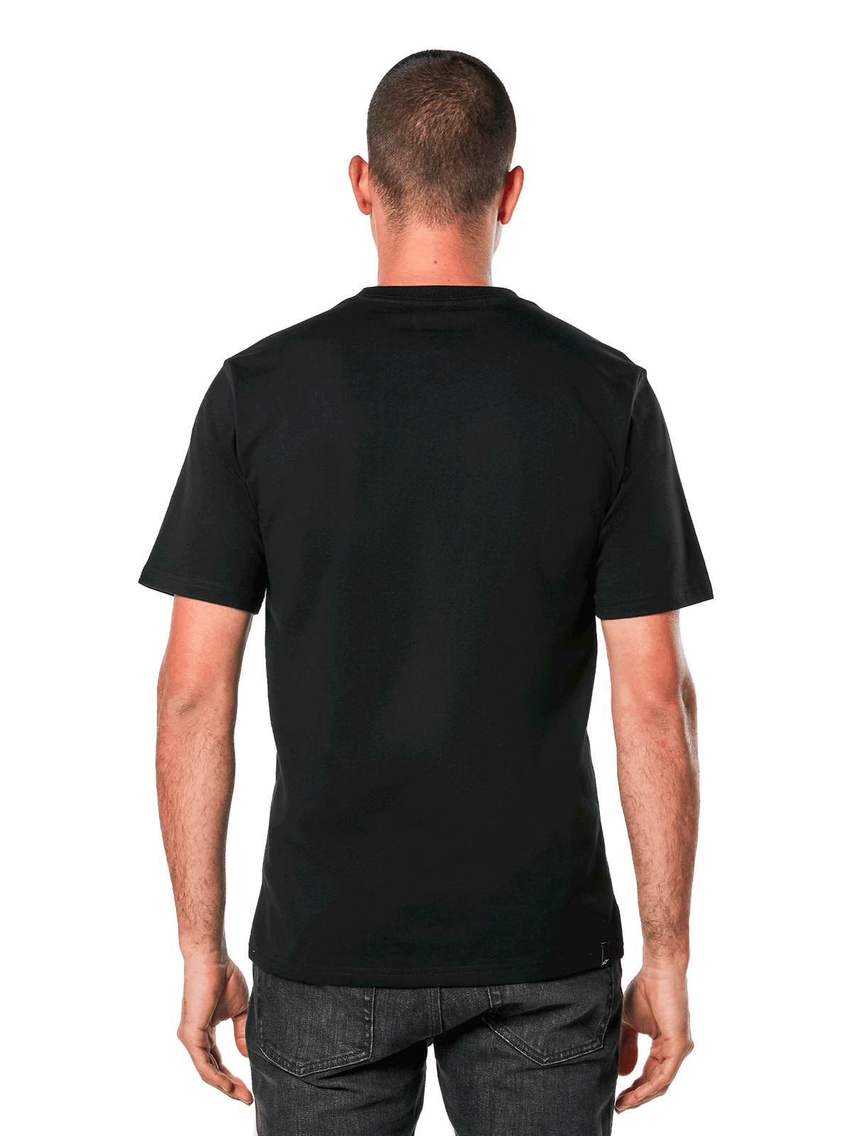 Alpinestars Ageless 2.0 CSF Tee, t-shirt à manches courtes, noir, vue de dos sur modèle, design épuré avec coupe « cut and sew », vêtement de sport décontracté inspiré des sports mécaniques