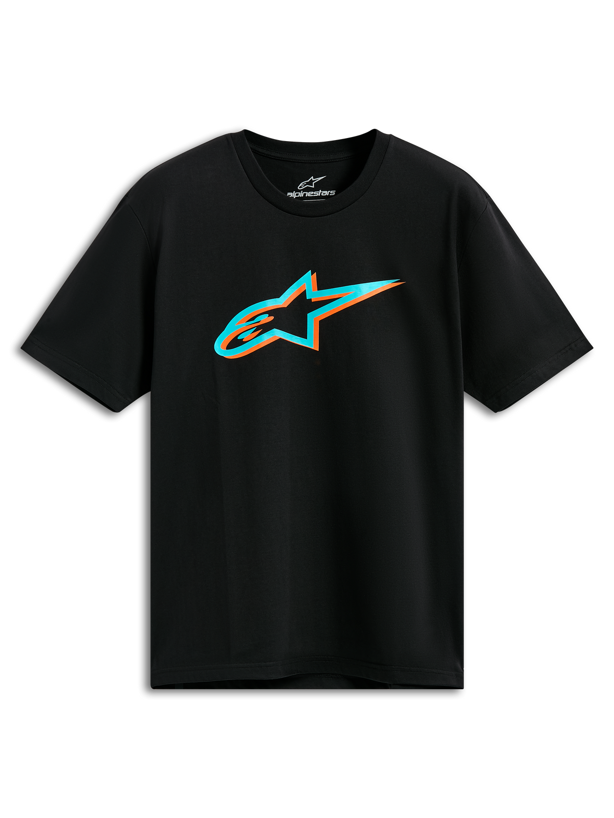 Alpinestars Ageless Shadow CSF Tee, T-shirt met korte mouwen, zwart, turquoise en oranje shadow Astars-logo op de borst, casual motorsport streetwear