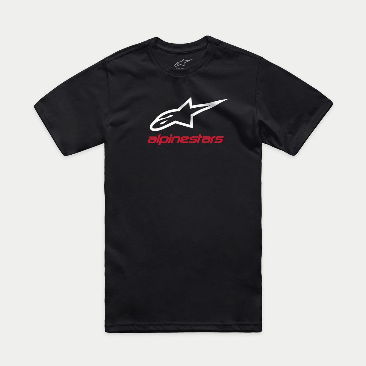 Alpinestars Always 2.0 CSF Tee, Kurzarm-T-Shirt, Schwarz, weißes Stern-Logo mit rotem Alpinestars-Schriftzug, Casual Motorsport-Streetwear