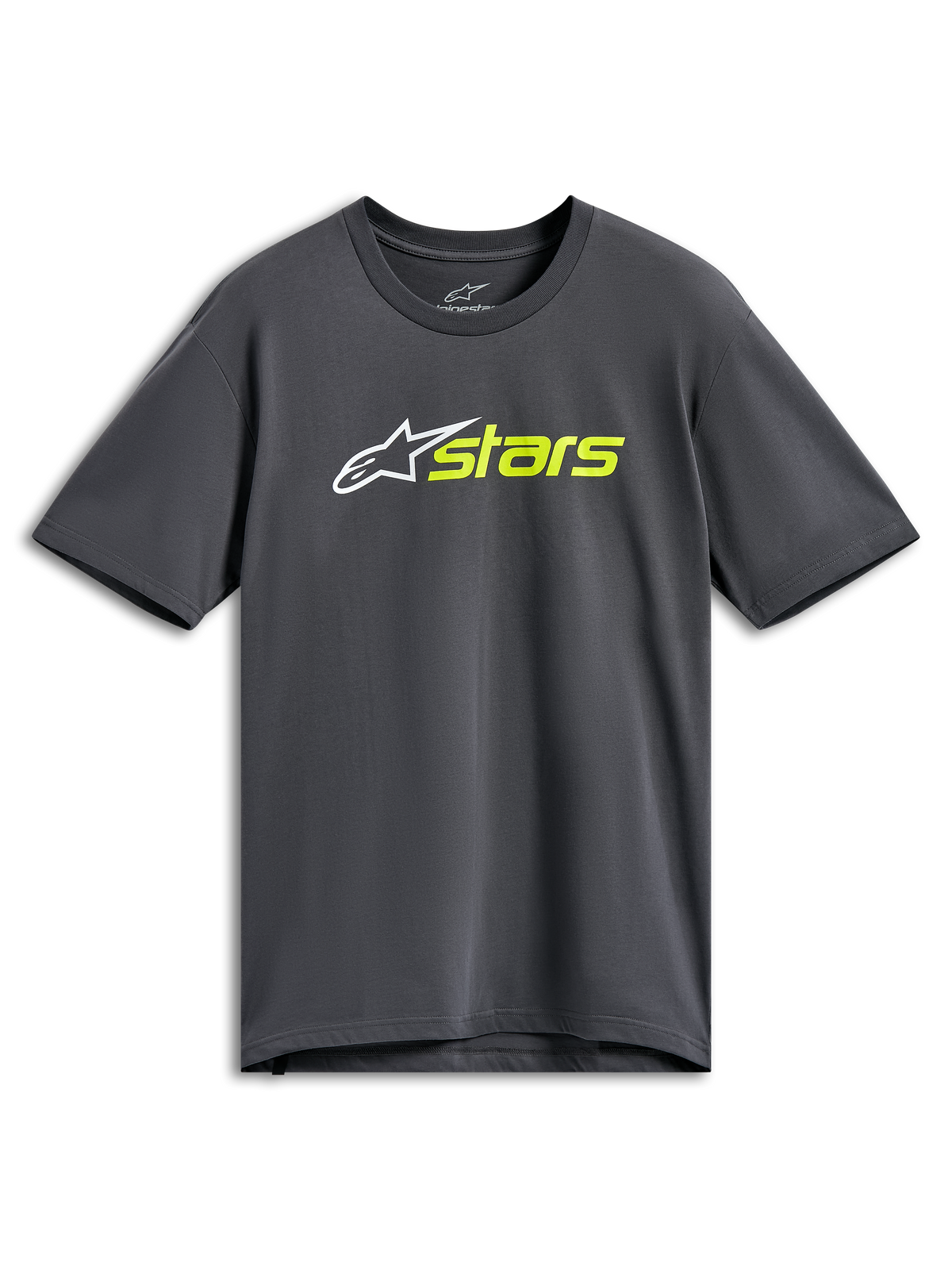 Alpinestars Blaze 2.0 CSF Tee, Kurzarm-T-Shirt, Anthrazitgrau, Weißes Stern-Logo mit neongelbem Stars-Schriftzug, Lässige Motorsport-Streetwear