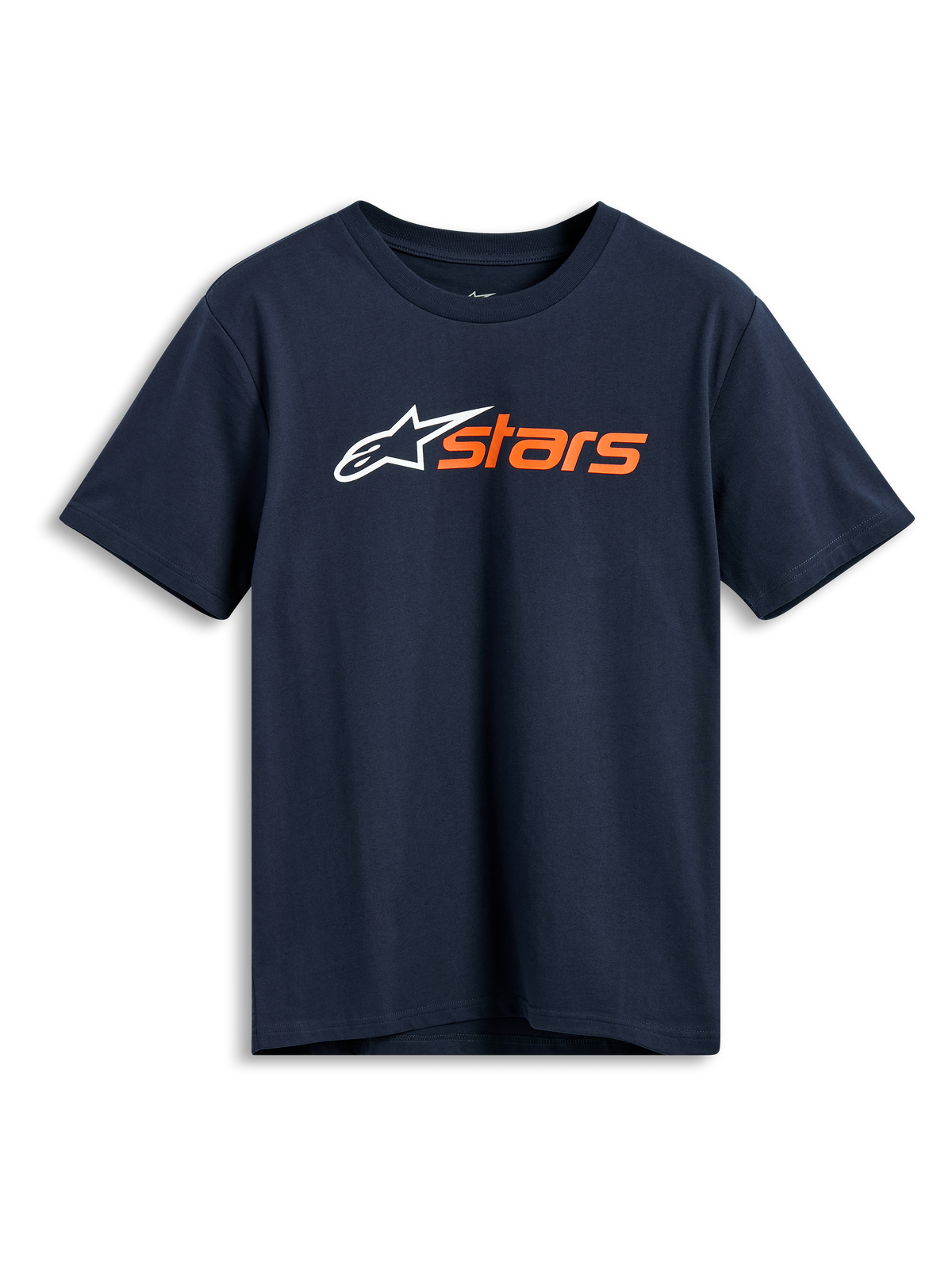 Alpinestars Blaze 2.0 CSF Tee, Short Sleeve T-Shirt, Navy Blue, White Alpinestars logo and orange 'stars' graphic on the chest, Casual Motorsport Sportswear
