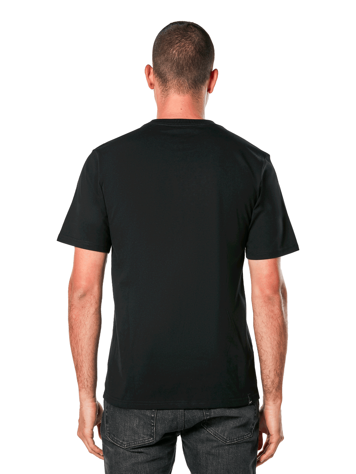 Alpinestars Ride 4.0 CSF Tee, achteraanzicht, zwart t-shirt met korte mouwen, casual sportkleding geïnspireerd op de motorsport, gedragen door man met donkere jeans