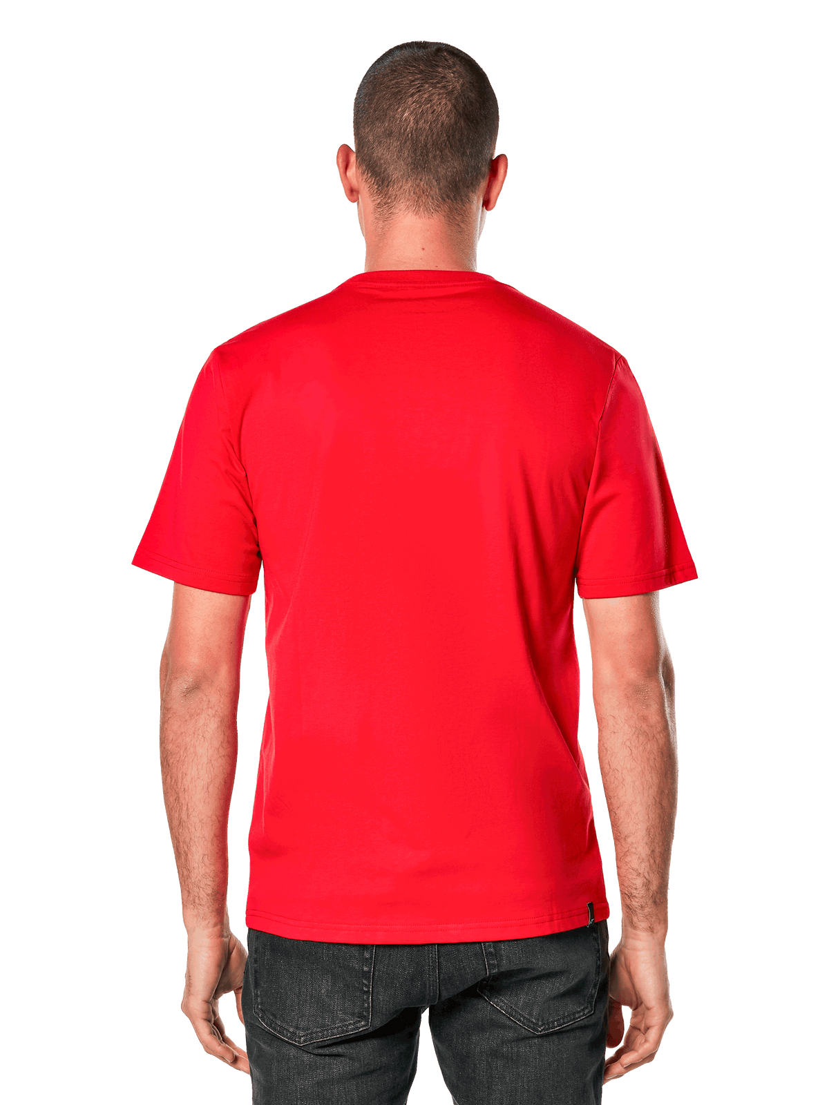 Alpinestars Ride 4.0 CSF Tee, T-shirt met korte mouwen, rood, achteraanzicht op model, helderrode stof met een klein zwart merklabel aan de zoom, casual motorsport streetwear