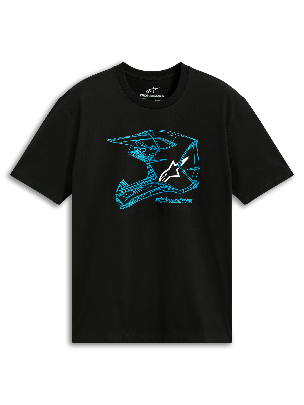 Alpinestars CSF Tee, Kurzarm-T-Shirt, Schwarz und Blau, Blaue MX-Helm-Umrissgrafik mit weißem Logo, Lässige Motorsport-Sportbekleidung