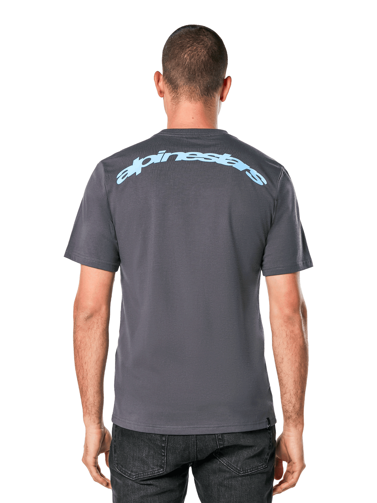 Alpinestars Horizon CSF T-Shirt, Kurzarm-T-Shirt, Anthrazit, Rückansicht mit einem hellblauen Alpinestars-Bogenschriftzug, Freizeit-Sportbekleidung