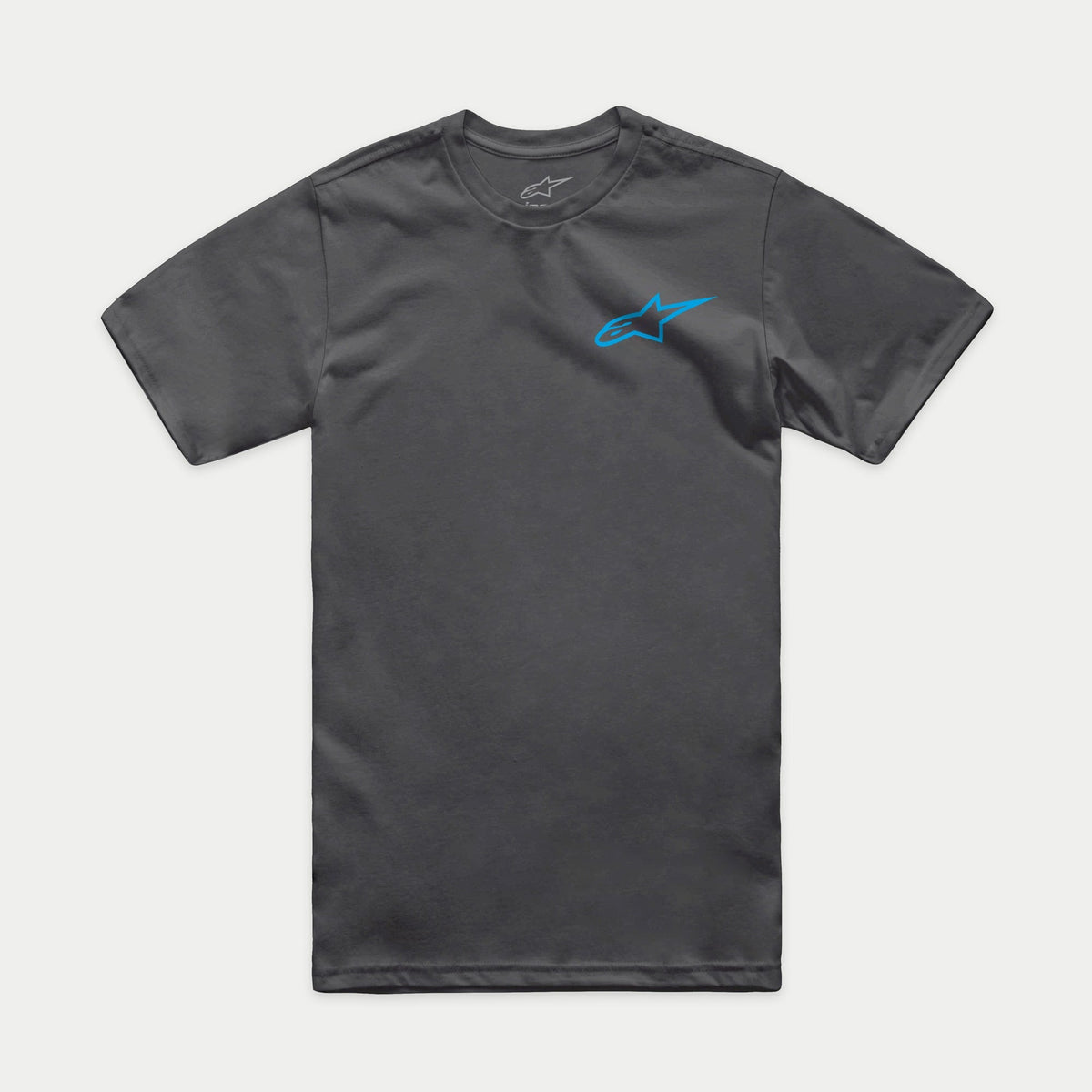 Alpinestars Horizon CSF Tee, kurzärmeliges T-Shirt, Anthrazitgrau mit blauem Alpinestars Ageless-Logo, lässige Motorsport-Sportbekleidung