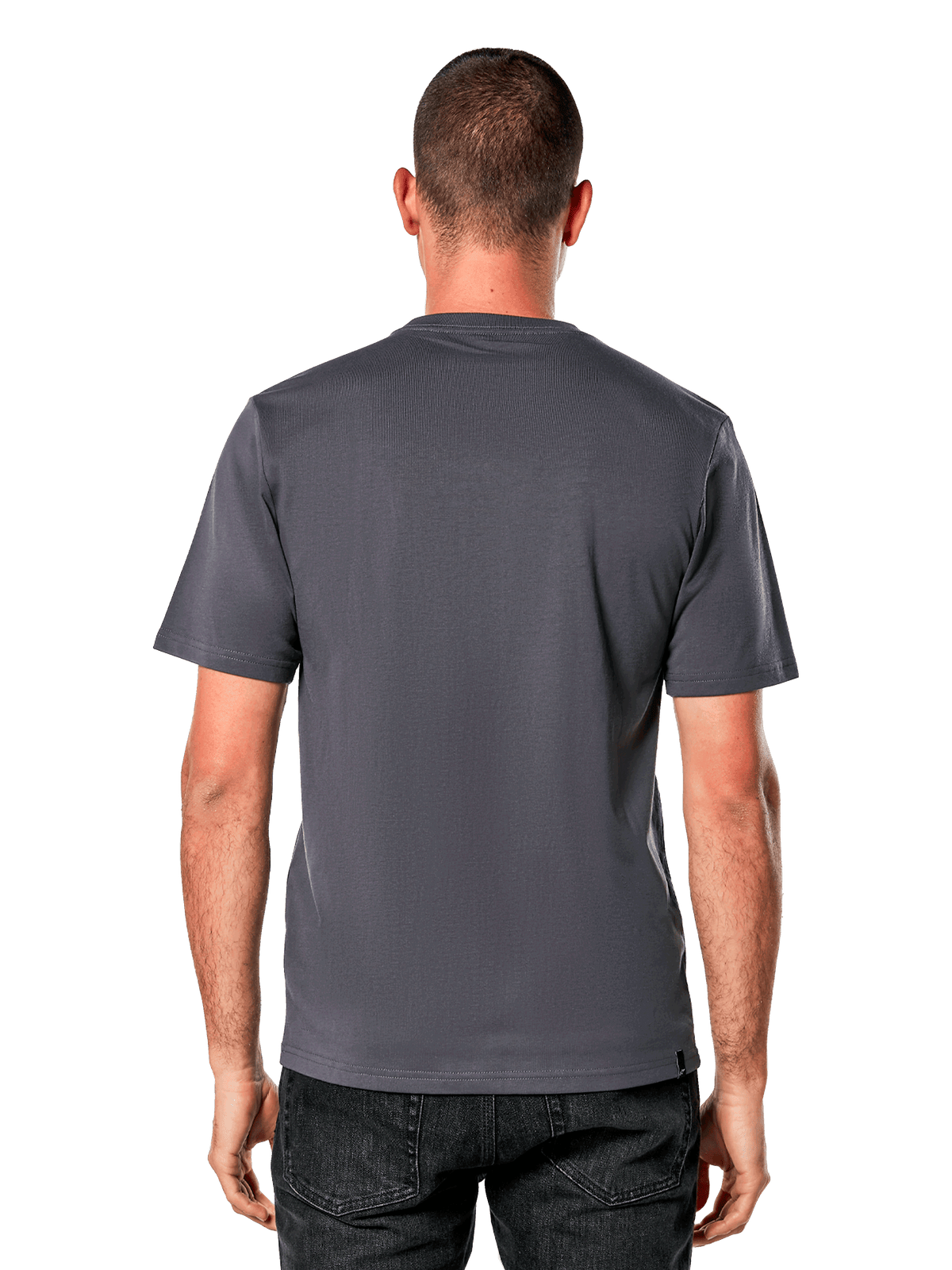 Alpinestars Galun CSF Tee, Kurzarm-T-Shirt, Charcoal, schlichte Rückansicht, getragen mit schwarzen Jeans, lässige Motorsport-Streetwear