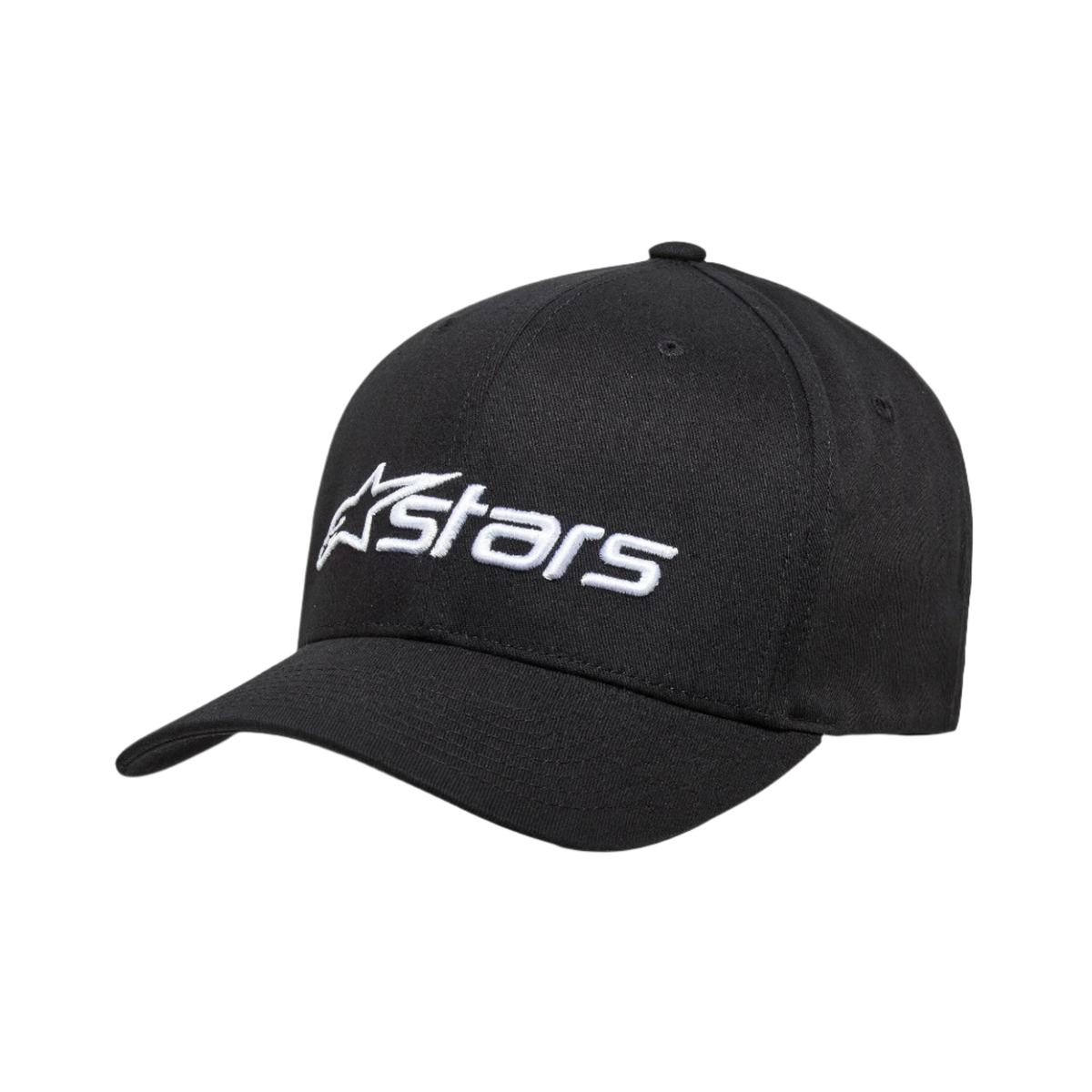 Alpinestars Blaze 2.0 Hat, structured baseball cap, black, white embroidered logo on the front, curved bill, stretch twill fabric, casual motorsport headwear