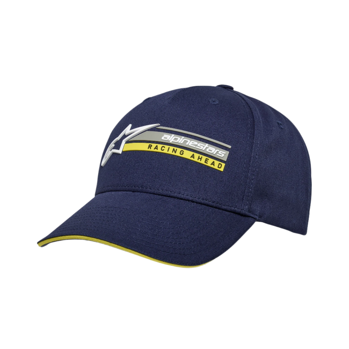Alpinestars Par Cap, dunkelblaue Snapback-Mütze, 3D-Logo-Stickerei mit gelbem „RACING AHEAD“ Schriftzug, gebogener Schirm mit gelbem Sandwich-Detail, strukturierter Baumwolltwill, lässige Motorsport-Kopfbedeckung