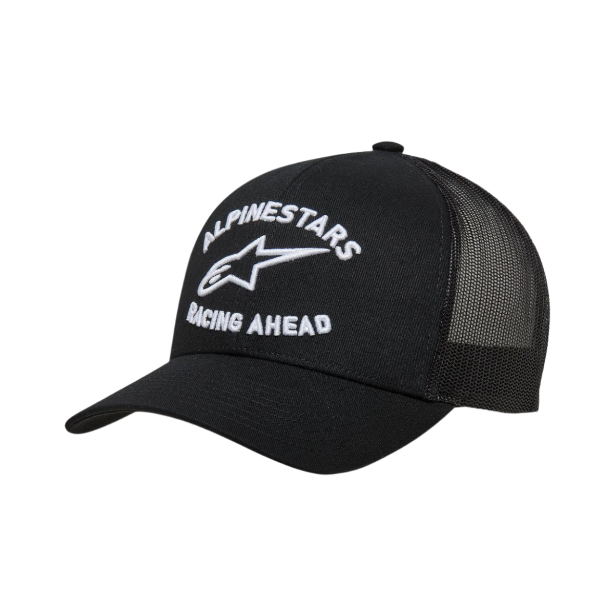 Alpinestars Triple Trucker Hat, schwarze Trucker-Cap mit gebogenem Schirm und Mesh-Rückseite, weiße 3D-Stickerei mit „Alpinestars Racing Ahead“ und Logo, lässige, vom Motorsport inspirierte Kopfbedeckung