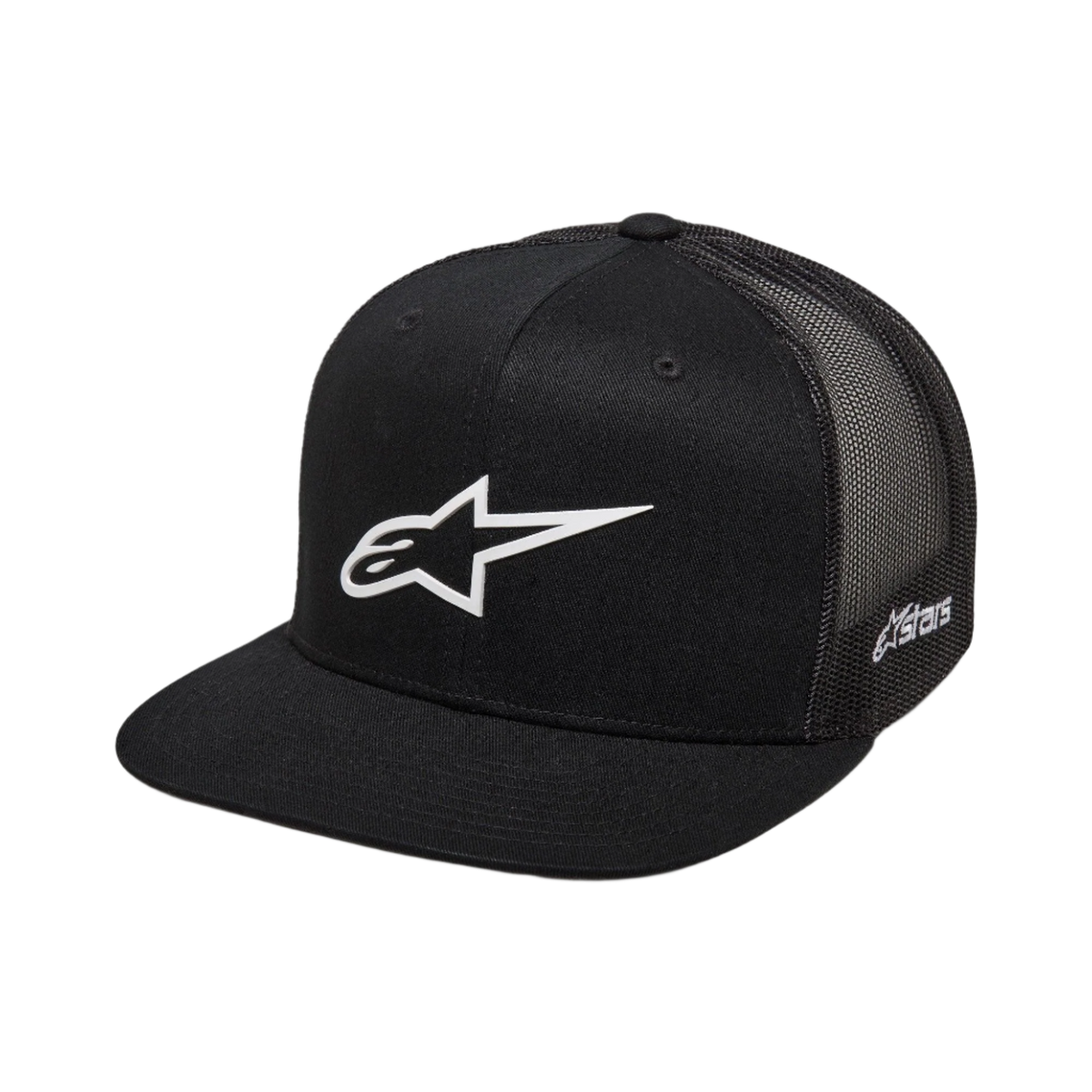 Alpinestars 3D Ageless Trucker pet, zwart met wit Alpinestars-logo, platte klep, gestructureerde kroon, zwarte mesh achterkant, casual op motorsport geïnspireerde sportkleding