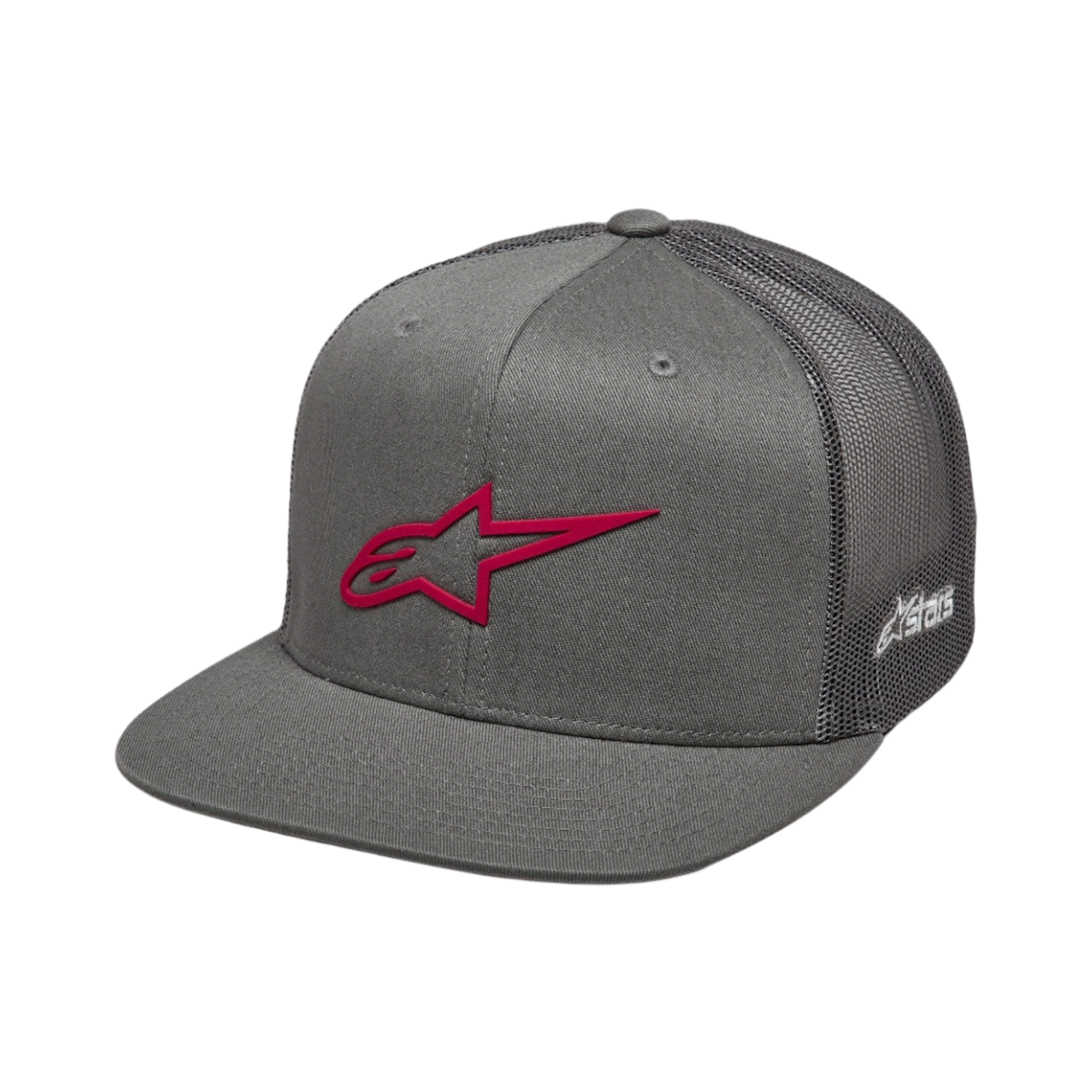 Alpinestars 3D Ageless Trucker Hat, Grey and Red, flat bill with structured crown, twill front and mesh back, featuring a bold red 3D embroidered logo on the front and white branding on the side, casual motorsport headwear
